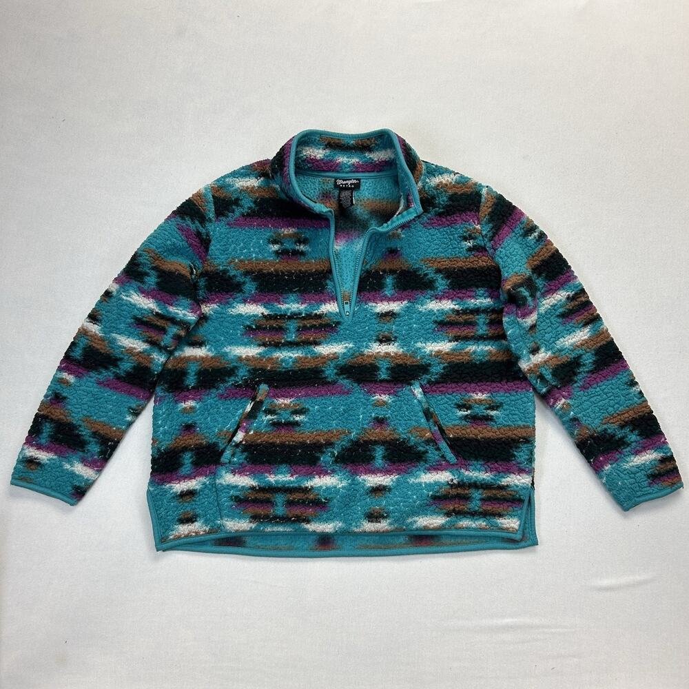 Wrangler Retro Sweatshirt Women's XL Blue Sherpa Fleece 1/4 Zip Aztec Western